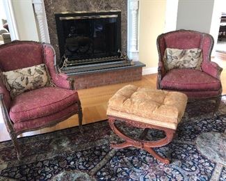 These chairs are gorgeous! Carved wood and beautiful upholstery. Super clean with no animals.