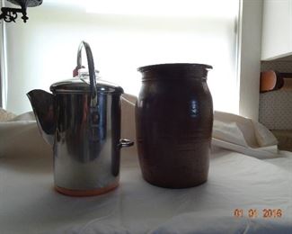 Vintage Revere Copper And Brass, Made in Clinton Illinois, Stove Top Coffee Pot. 2 gallon stone jar