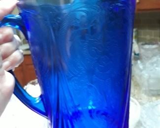 Royal lace cobalt blue depression pitcher.