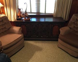 Pair of swivel rocking chairs and console stereo