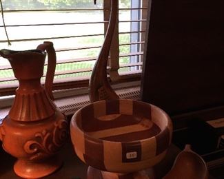 Wooden decorator items and Haeger pitcher.