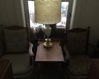 Sorry for the darkness, but we have two maple chairs, end table and vintage lamp.