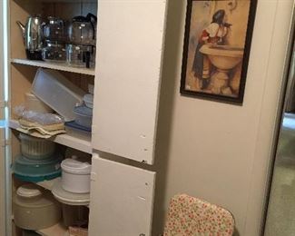 Plastic storage containers in all sizes, sweet little high chair.