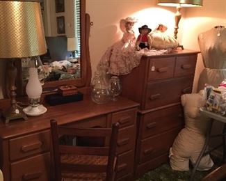 Another set--maple vanity dresser with mirror and chest of drawers.