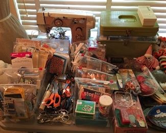 Lots of sewing notions, portable Necchi machine