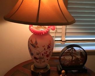 Asian themed lamp, figurines, cork display