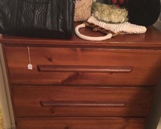 Smaller sized chest of drawers, vintage and new purses,