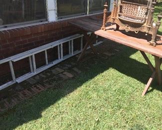Redwood picnic table, long ladder.