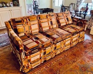  Vintage 80” tuxedo style velvet plaid covered couch. 