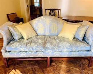 Chippendale Camel back sofa.  Silk and goose down. 