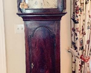 18th Century English Mahogany Georgian Period Long Face Clock. Keeps good time and chimes. 