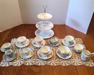 Nice China Teacups and Saucers, Cream & Sugar, 3 Tiered Serving Plates, Crochet Runner.