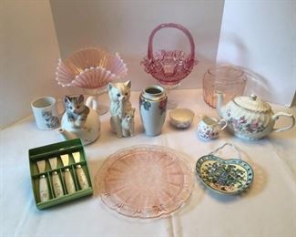  Pink Glass Art and Ruffled Bowl. Antique Pink Cake Platter and Vase. China Teapot with Cr & Su, Porcelain Knick Knacks