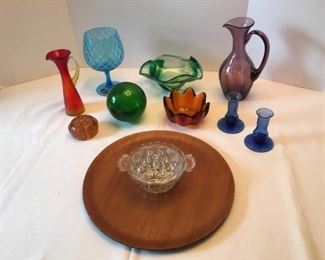 Colorful Glass Art Decor, Green Float, Glass Florist Frogs, Metal Flower Pin, Teakwood Round Platter.
Lot Number: 7