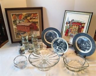 Currier & Ives Collector Series Arby's 1981 Glasses, Currier & Ives Porcelain Plates, Framed Needlepoint Artwork, More