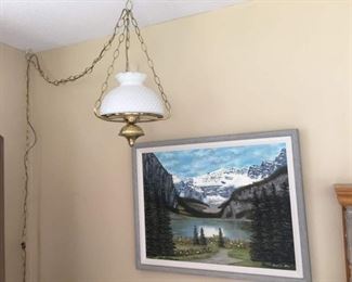 Milk Glass Swag Light with Long Chain. Beautiful Painting of Lake Louise by Local Artist of Banff British Columbia
