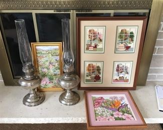 Two Large 23" Silver Oil Lamps with Glass Chimney, Three Framed Needlepoint Art.
Lot Number: 17