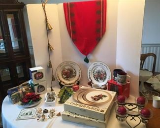 Christmas Table Decor: Two boxes of Unused Charger Plates, Candle Centerpiece, Platters, Dept. 56, Brooches, Brass,