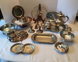 Sterling Weighted Candlesticks, Quadruple Plated Teapot with Cr&S, Various Platters, Cake Stand, Bowls, Vase, Bell
