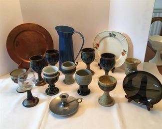 Vintage Stoneware Pottery Chalices, Copper Charger, and more.
Lot Number: 24