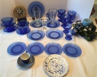  Vintage 1930's? Cobalt Blue Dish Collection, Nice Ribbed Pattern, Bone China Plate and other items.