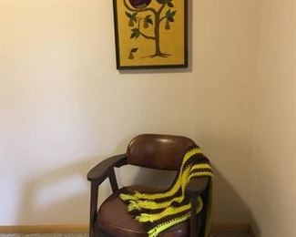 Mid Century Naugahyde Chair, Framed Embroidered Artwork, Craft Afghan.