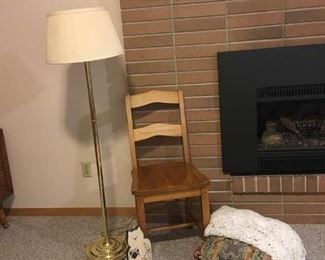 Vintage Oak Straight Chair, Upholstered Footstool, Brass Floor Lamp, Decor, Cozy Crochet Shawl.