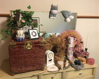 Vanity Set includes Mirror, Brush, Comb, and Tray. Porcelain Clock, Decor, Wicker Storage, Microwaveable Kitty.