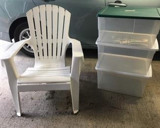Resin Adirondack Chair in Great Shape after cleaning, Three Large Sterilite Storage Bins.
Lot Number: 65