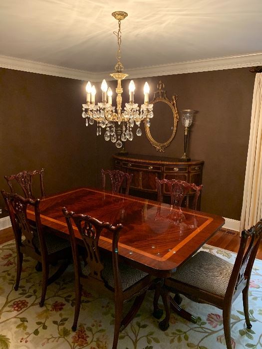 The American Masterpiece Collection by Hickory dining room table w/2 leafs 8 side chairs and demilune sideboard  