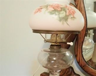 ANTIQUE KERO LAMP WITH HAND PAINTED SHADE