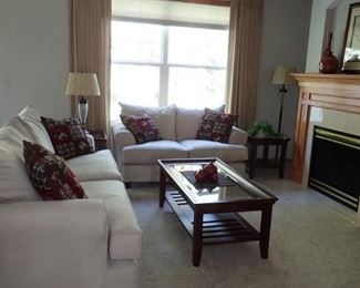 COMPLETE LIVING ROOM SOFA / LOVESEAT / COFFEE TABLE WITH STORAGE SHELF / 2 END TABLES WITH STORAGE SHELF / TABLE LAMP