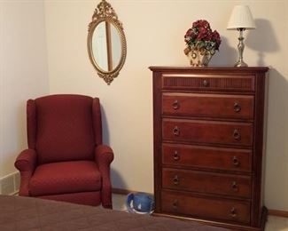 TALL DRESSER / SILVER LAMP / GOLD MIRROR / WING BACK CHAIR