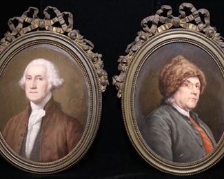 Pair of French miniature portraits ft. George Washington and Ben Franklin, signed en verso LeRosen, Paris