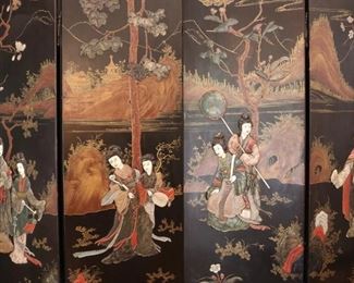 An Exquisite antique Chinese 6 panel hardstone and bone screen
