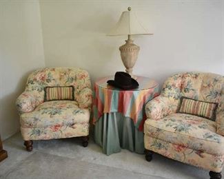 2 UPHOLSTERED CHAIRS, ACCENT TABLE, LAMP