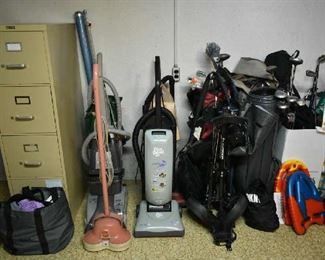 FILE CABINET, VACUUMS, GOLF CLUBS