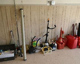 FISHING POLES, GAS CANS