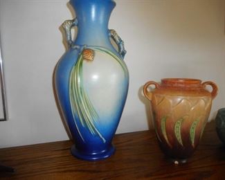 Vintage Roseville 18 Inches 807-15 RARE Blue Pine Cone Vase with Twig Handles, Vintage Rosefille small chip