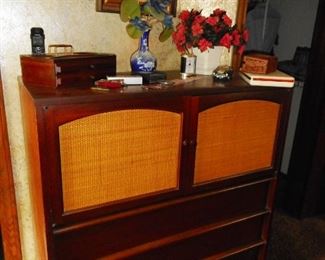 Mid Century Lane Furniture High Boy with Grass Cloth Cabinet Doors $125