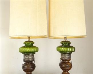 Wood Table Lamps with Depression Era Glass