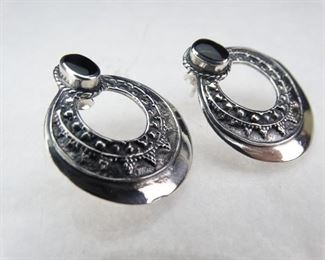 Silver Black Onyx Hoop Post Earrings