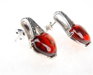 Sterling Silver Orange Stone Dangle Earrings with Marcasite Accents