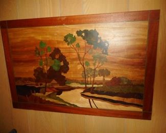 Vintage Pastoral Scene Inlay, Made with 15 Different Woods