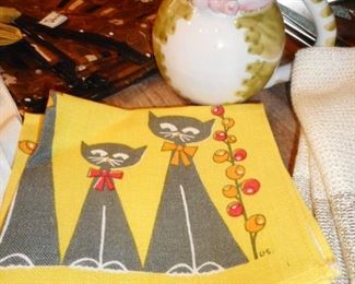Mid Century (2) Kitty Napkins. Mid Century Hand Painted Italy Pitcher