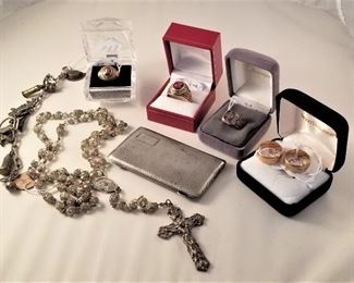 Nice selection of fine jewelry, gold/diamond rings - sterling rosaries, sterling card case - more