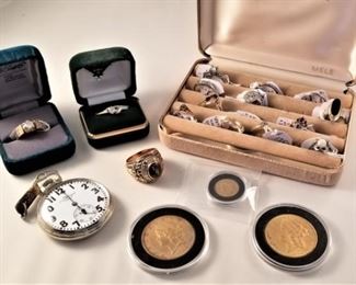 Gold and silver coins, pocket watches - mens/ladies rings