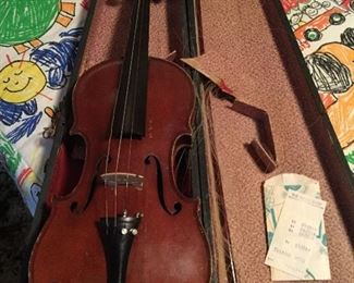 Antique violin and bow with wooden case 