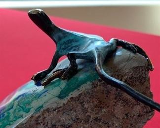 Signed LIZ bronze Lizard on Rock