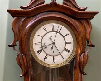 Antique French Walnut Longcase Wall Clock 63x27x7.5in HxWxD As-IS Damaged Glass